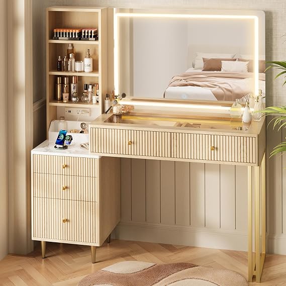 44 Fluted Vanity Desk with 32 Lighted Mirror & Power Outlet, Makeup Vanity with Glass Top, 3 Adjustable Light Colors, Curved Design, 5 Drawers, Modern Dressing Table Set for Bedroom (Oak)