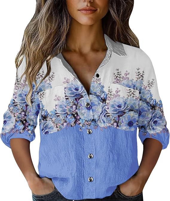 Womens Summer Boho Tops Casual 3/4 Sleeve Retro Print Shirts Vacation Beach Outfits Dressy Work Blouses 2025