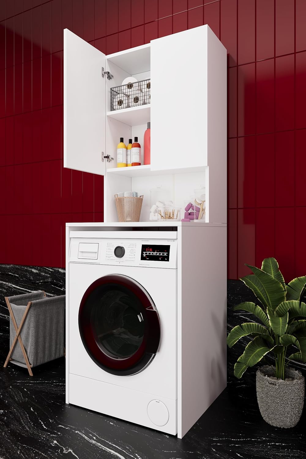 ASRA TREND Beyaz BD-01 Çamaşır Makinesi Üstü Banyo Dolabı 2 Kapaklı Açık Raflı 65x190 cm%100 MDFLAM
