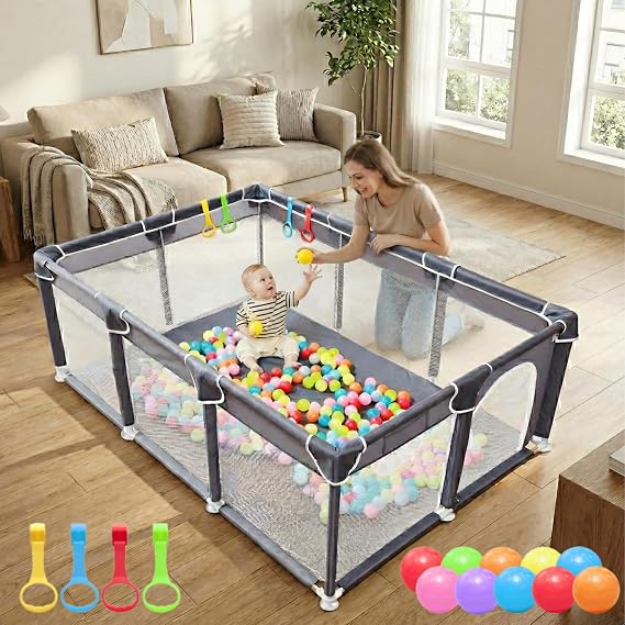 ORIAN ベビーサークル 50x74、大きなベビープレイヤード、赤ちゃんと幼児用、グレー | ジッパードア付きの大きな通気性メッシュベビーサークル、赤ちゃんや幼児用の屋内ベビーアクティビティセンター。