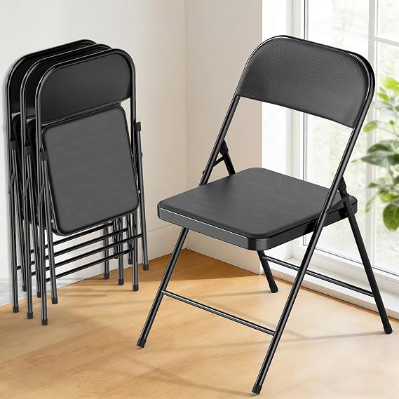 4 Pack Black Folding Chairs with Padded Cushion & Backrest, Comfortable Cushioned Seat with Durable Metal Frame, Portable Stackable Foldable Chair for Home, Office, Party, Indoor & Outdoor Events