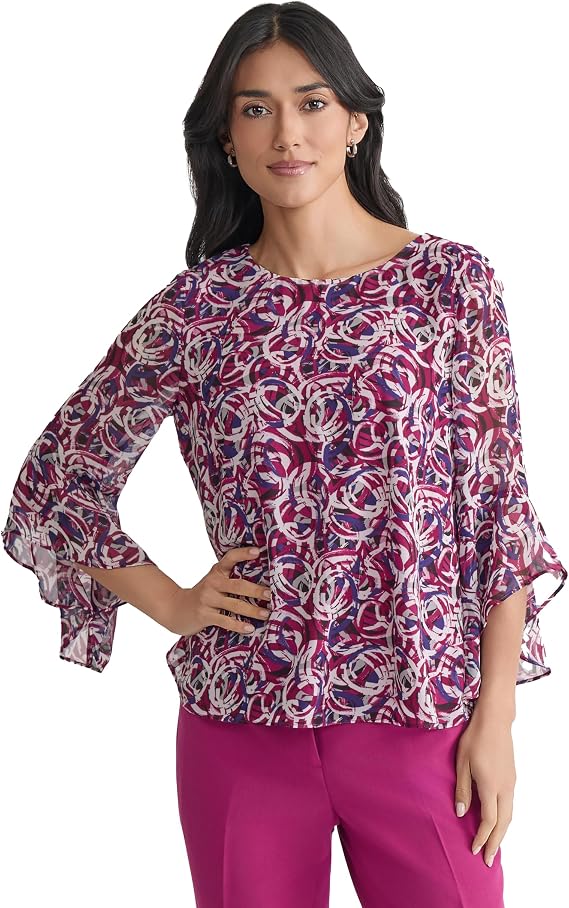 Kasper Women's Ruffle Sleeve Printed Top