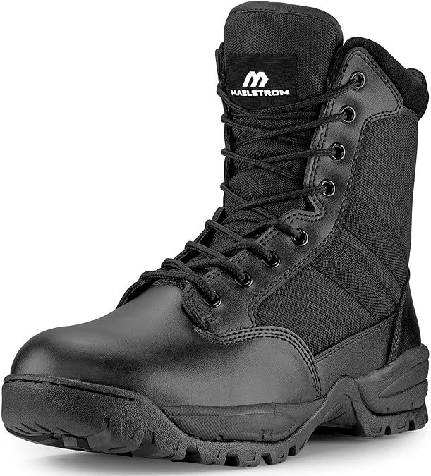 Maelstrom Men's Tactical Work Boots with Side Zipper Lightweight Leather Military Style, Comfortable, Durable and Breathable for Outdoors