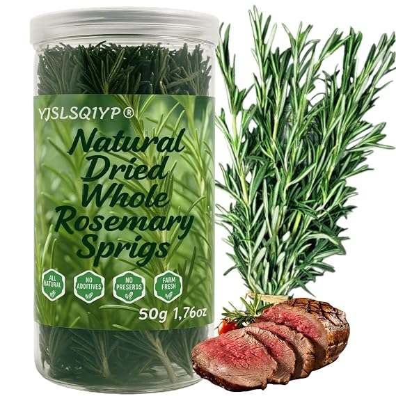 Dried Rosemary Sprigs, Culinary Herb for Cooking & Tea, 1.76 oz | Whole 7-8 inch sprigs with stems intact. Naturally dried, no stems removed. Versatile use for baking, roasting, tea.