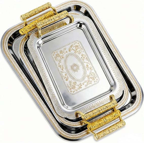 3 Pack Metal Serving Trays with Handles, Decorative Floral Platter Trays for Coffee Tea, Food, Dessert, Jewelry, for Buffet Wedding Party Kitchen Home Decor (Rectangle,Silver, Gold)