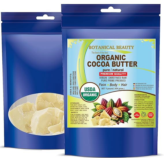 Botanical Beauty Organic COCOA BUTTER WILD GROWTH RAW VIRGIN UNREFINED from BRAZIL for Face, Skin, Hair, Body, Nails 1LB 454 gram. Rich in Vitamin E
