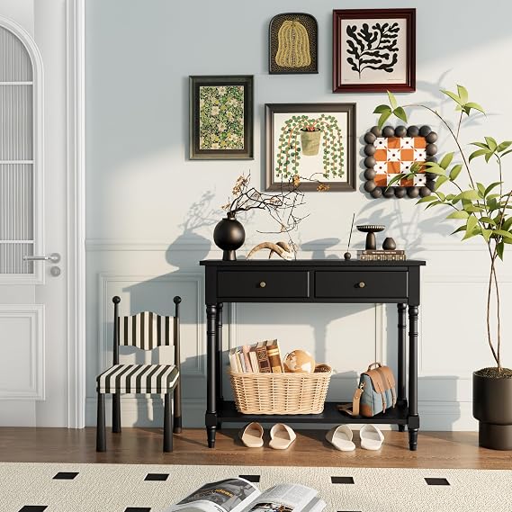 Solid Wood Console Entry Table with 2 Drawers, Accent Sofa Table with Storage Shelf, Narrow Entryway Hall Table for Living Room Office Easy Assembly 35.54" L x 30" H x 13.78" W Black SFZ-004BK