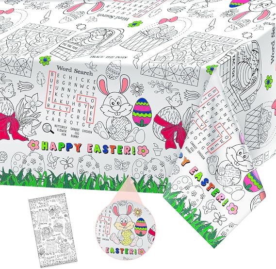 1 Pack Happy Easter Coloring Tablecloth for Kids - Giant Easter Color-in Paper Poster, Rectangle Easter Bunny Activity Coloring Table Cloth for Spring Easters Party Decorations Favors, 54 x 108 Inch