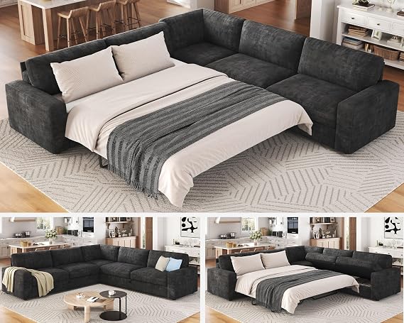 AMERLIFE 106" Oversized Sofa Bed, Sectional Sleeper Sofa with Storage-Gray | Memory Foam Mattress, High Resilience Mattress, Storage Chaise, Queen Size Sofa Bed for Living Room & Guest Bedroom