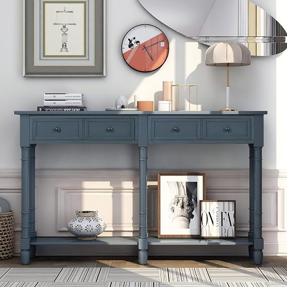 Console Table 58" Sofa Table with Two Storage Drawers and Bottom Shelf Rustic Style Entryway Accent Table Wood Narrow Side Table for Living Room Hallway Foyer, Antique Navy