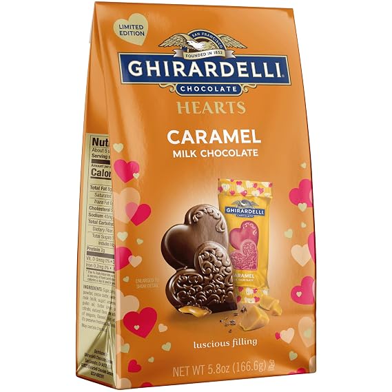 Ghirardelli Chocolate Company Milk Chocolate Caramel Duet Hearts, Heart Shaped Chocolates for Valentines, 6 Oz Bag