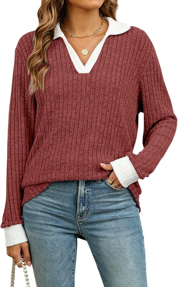 Women's Long Sleeve Shirts V Neck Color Block Collar Tops Ribbed Knit Casual Loose Basic Tees