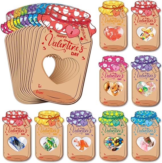 Duchong Valentines Day Cards for Kids Classroom, 60 Pack Candy Jar Valentines Greeting Cards With Treat Bag, DIY Valentine Exchange Cards for School, Ideal Valentine Day Gifts For Kids Boys Girls