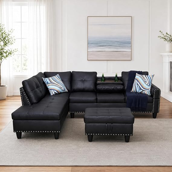 NicBex Leather L-Shaped Couch with 2 Cup Holders, Sectional Couches for Living Room, 3-Piece Modular Sofa with Movable Ottoman & Chaise for Apartment, Office, Black