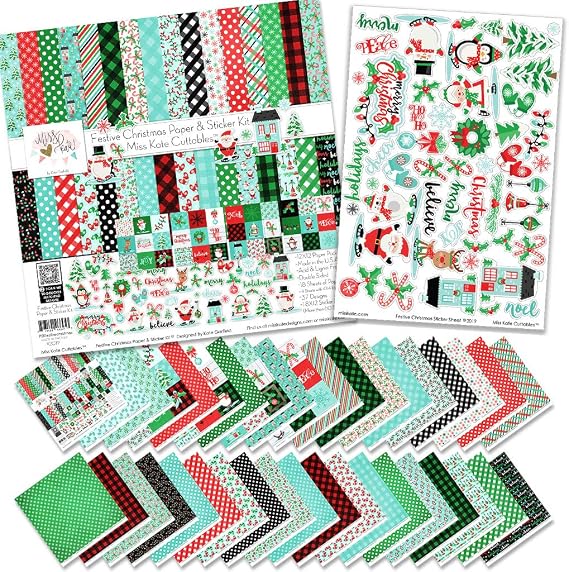 Miss Kate Cuttables Paper & Sticker Kit - Festive Christmas - 17 Double-Sided 12x12 Papers with 33 Designs & 1 8X12 Sticker Sheet - Scrapbooking Card Making Crafting