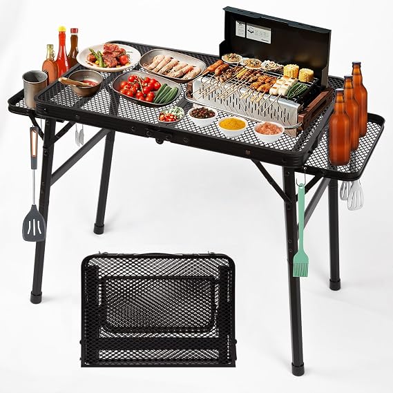 2.5 FT Picnic Table with 2 Wing Panels, Mesh Metal Folding Grill Table Height Adjustable & Lightweight & Portable Table for Outdoor Indoor Camping, Picnic, Beach and BBQ, RV