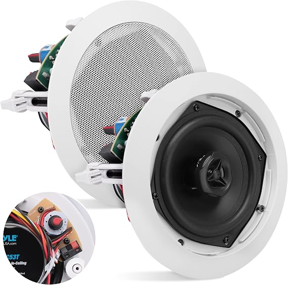 Pyle Ceiling Mount Speaker - 5.25 2-Way 70V Transformer | Great For: Commercial or Restaurant Audio | Surround Sound | Flush Design | In-Wall Installation | 1pc (White) - PDIC53T