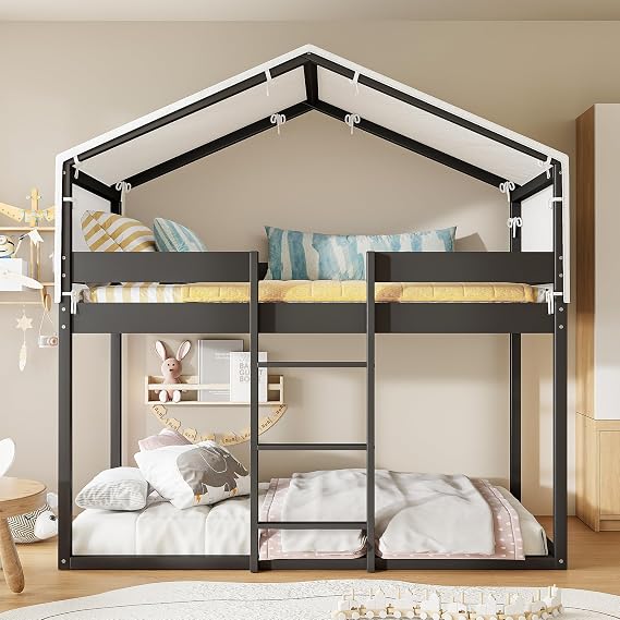 JIJIWANG House Bunk Bed Twin Over Twin, Wood Bunk Beds with Ladder and Tent, Floor Bunk Bed with Guardrail, Espresso