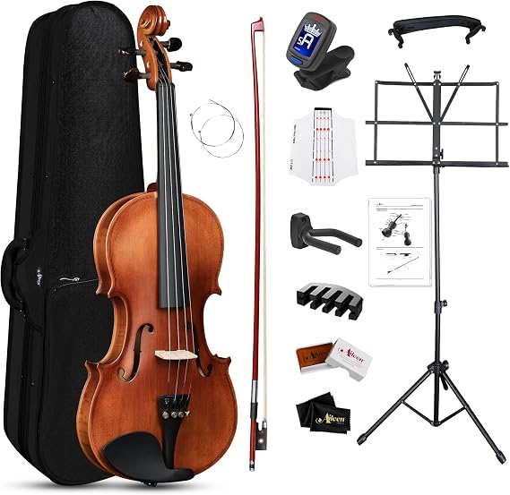 Aileen 1/2 Violin Set, Beginners Fiddle Kit for Teenagers with Hard Case, Music Stand, Shoulder Rest, Rosin, Bow, Tuner, Extra Strings, Mute, Wall Mount, Fingerboard Sticker, Cleaning Cloth