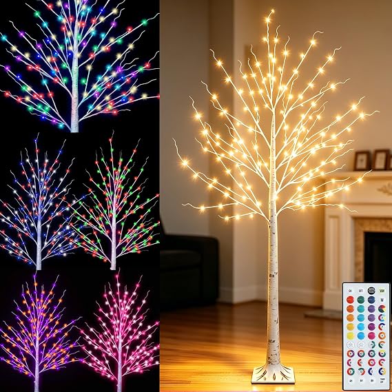 Pooqla 7 ft RGB Lighted Birch Tree, 35 Colors Light Up Christmas Tree | Color Changing Artificial Lighted Tree Indoor Outdoor Party Yard Thanksgiving Halloween Christmas Decorations