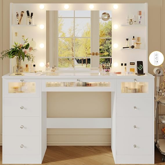 Vanity Desk with 23.5'' Mirror and Light, 9 Drawers Makeup Vanity with 3 Color Hollywood Bulbs, Make Up Vanity with Glass Top & 4 Open Shelves & Charging Station & Crystal Knobs for Woman Girls