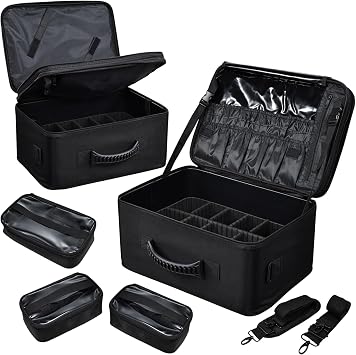 Costravio Makeup Bag Organizer Large Makeup Case Backpack Professional 2 Layers Cosmetic Storage Organizer Brush Slot with 3 Clear Set Bags for Makeup Artists with Shoulder Strap Adjustable Dividers