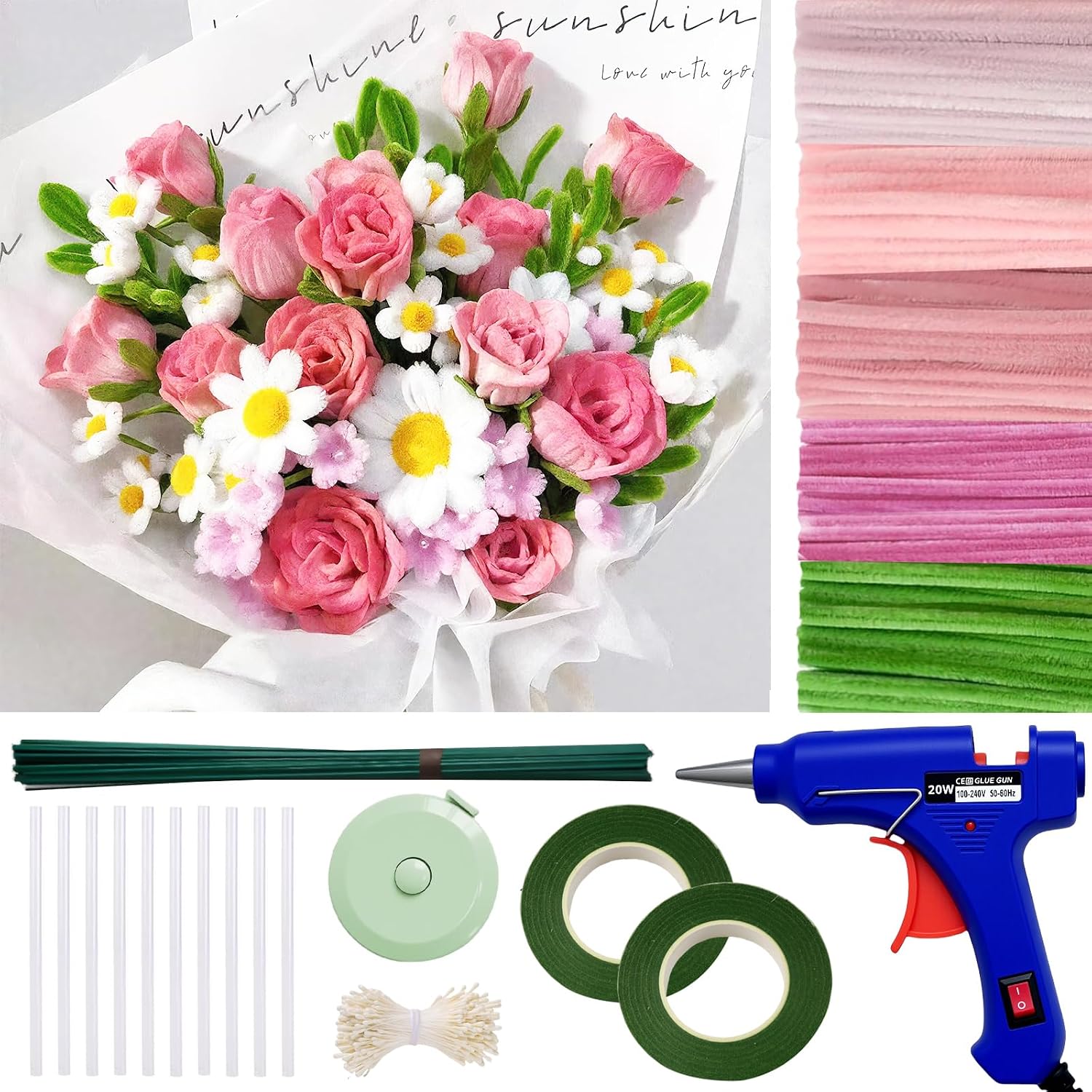 500 Pcs Thick Pipe Cleaners for DIY Flowers & Crafts – 5 Colors Chenille Stems with Glue Guns & Tape Measure – Perfect for Family Fun & Creativity, Holiday & Room Decorations Pink, 12in x 8mm