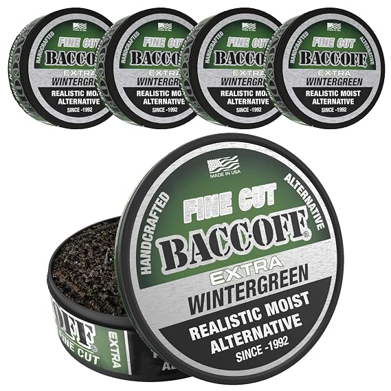 5 Cans, BaccOff Extra Wintergreen Fine Cut, Bold Wintergreen Flavor