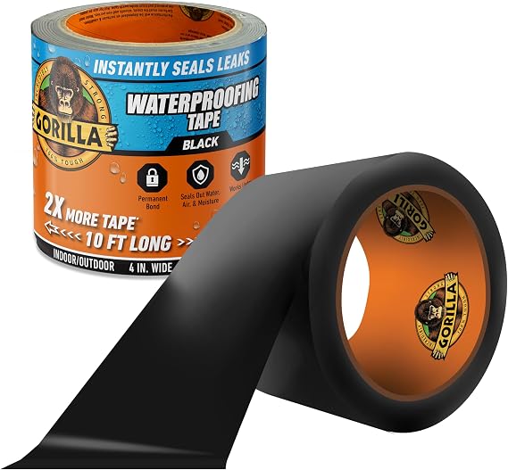 GORILLA Waterproofing Tape, Permanent, Black, 4" x 10', 1-Pack