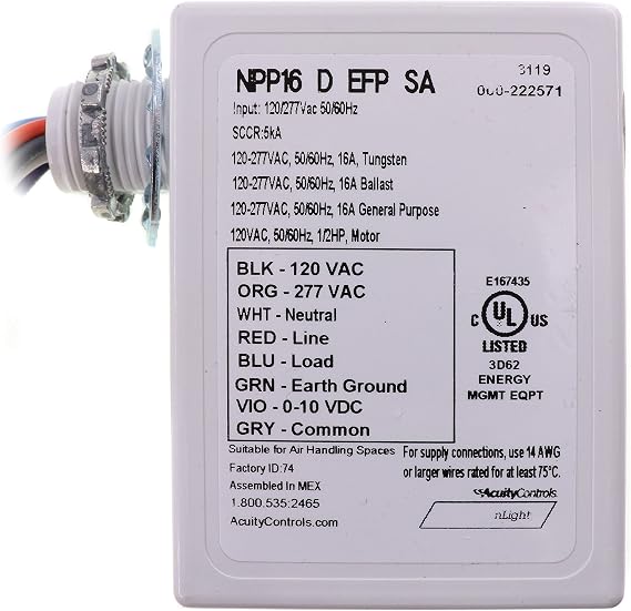 SENSOR SWITCH NPP16-D-EFP-SA 120-277 Volts, 14-122 Degree F, DIMMING, External Fault Protection, J-Box Mount, Power Relay, THERMOPLASTIC, White