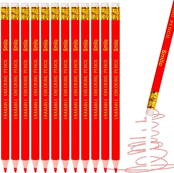Smilo Erasable Red Checking Pencils 12-Count with Erasers | Pre-Sharpened Triangular Grip for Teachers & Editors Grading, Correcting, Marking, Classroom Supplies