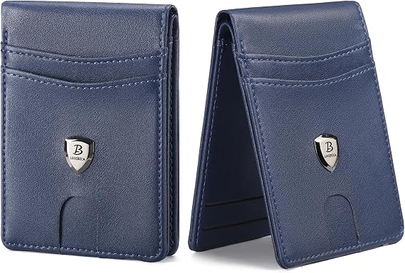 メンズ 財布 レザー クレジットカードホルダー スリム 二つ折り RFIDブロック フロントポケット ミニマリスト財布 男性用 IDウィンドウ付き, 平織りブルー。, 4.53'' x 3.15'' x 0.59'', ミニマリスト。