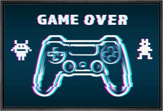 IDEA4WALL Framed Canvas Print Wall Art Videogame Controller & 'Game Over' Typography Pop Culture Toys Illustrations Modern Art Contemporary Fun Ultra for Living Room, Bedroom, Office - 16"x24" Black