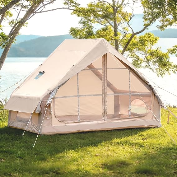 Inflatable Camping Tent with Hand Pump Waterproof Outdoor Blow up Tent 3-12 Person Oxford 4 Season Glamping Air Tent Cabin House with Mesh Windows & Door