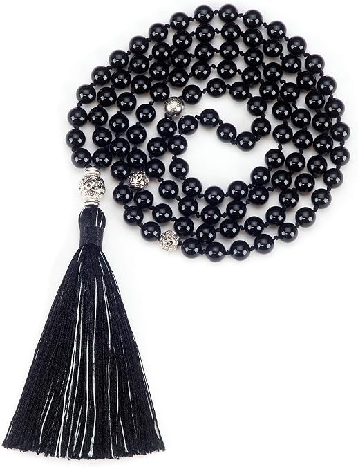 Cherry Tree Collection Mala Necklace | 108 Hand-Knotted 8mm Gemstone Round Beads, Antiqued Guru and Counter Beads, and Tassel | Meditation, Buddhist Prayer, Healing