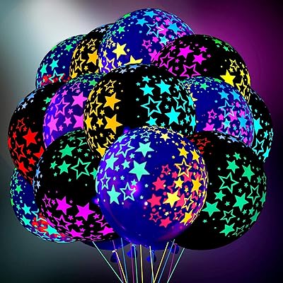 Chivao 50 Pieces Neon Glow Balloons Neon Stars Glow in Blacklight Black Light Fluorescent Mini Stars Party Latex Balloons for Birthday Wedding Arch Party DecorationBlack, Clear