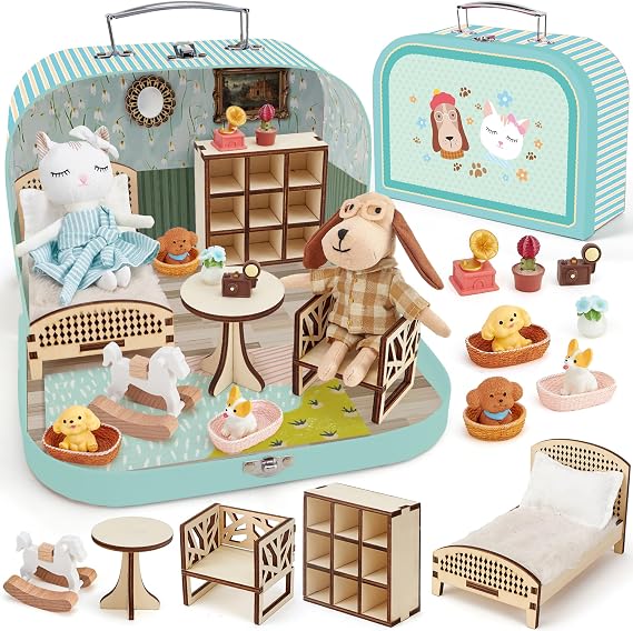 TUZT Portable Dollhouse Suitcase for Ages 3-8, Foldable Bedroom Playset with 21 Wooden Furniture, Cute Animal Dolls & Accessories, Travel-Friendly Pretend Play Toy