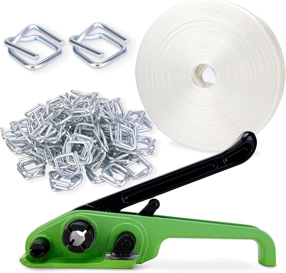 Banding Strapping Kit Pallet Packaging Strapping Tool Set,Upgraded Strapping Tensioner,3/4" x 330' Heavy Duty Woven Cord (2500 LBS Break Strength), 100 Metal Wire Buckles