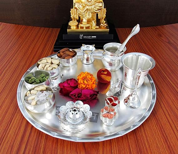 GoldGiftIdeas 12" Premium Savar Silver Plated Poojata Set Pujatari Decorative Plate Wedding Gift