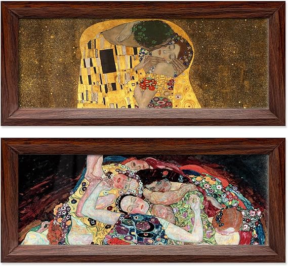 Gustav Klimt The Kiss ポスター キャンバスプリント 額入り - 2ピース 4.7x11インチ 卓上ポスター、寝室やナイトスタンド、ホーム、オフィスデスクの装飾用ヴィンテージアートワーク Klimt