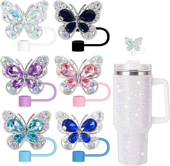 6Pcs Shiny Straw Toppers, Colorful Diamond Butterfly Straw Covers Cap Compatible with Stanley Cups 30&40 Oz Tumbler with Handle, 10mm/4inches Reusable Silicone Bling Stanley Cup Accessories