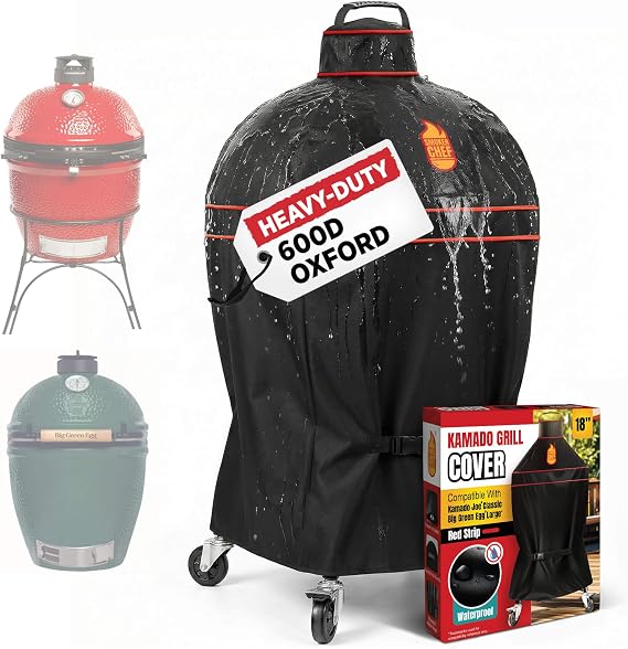 Grill Cover for Kamado Joe 18 Inches Red Strip Heavy-Duty Waterproof BBQ Cover for Classic Joe Durable Kamado Grill Accessories for Classic Series and BGE Large by Smoker Chef