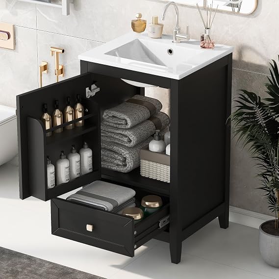 Harper & Bright Designs 20" Bathroom Vanity with Sink, Free Standing Single Vanity Set with One Drawer, and Door Storage Shelf, Solid Wood Storage Cabinet with Ceramic Basin for Bathroom, Black