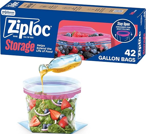 Ziploc Gallon Food Storage Bags, Stand-Up Bottom, Easy to Fill, 42 Count