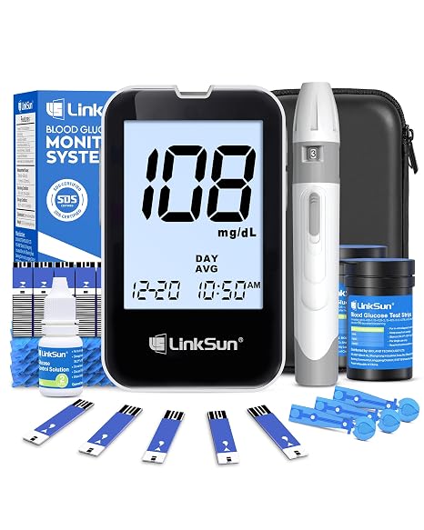 LinkSun Blood Sugar Testing Kit, 100 Strips & Lancets for Seniors, G-425-2V | High Accuracy Blood Glucose Monitor Kit, Large Display for Diabetes Lancing Device, Control Solution & Travel Organizer Bag