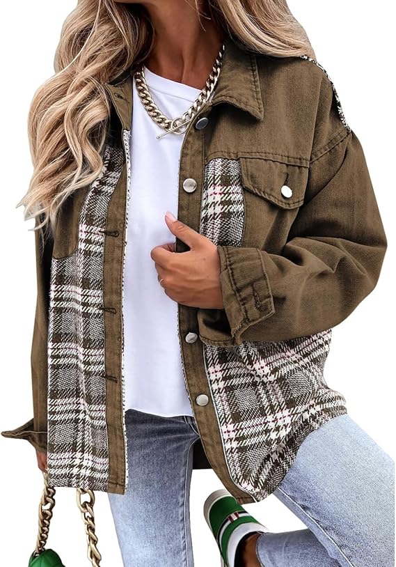 Womens Oversized Denim Jacket Casual Jean Jacket Long Sleeve Button Down Plaid Shacket Boyfriend Denim Jean Jackets
