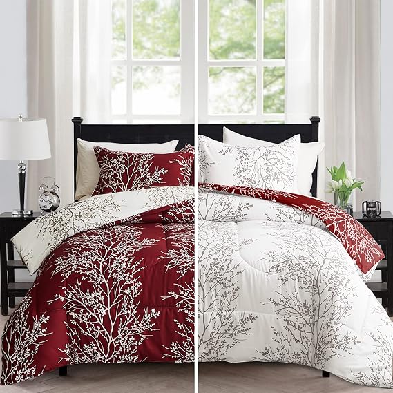 Flysheep Burgundy Red Botanical Christmas Comforter Set Queen Full Size, Red and White Tree Branch Floral Reversible 3 Piece Bedding Set, Ultra Soft Microfiber for All Season