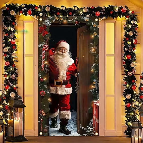 BlissYard Christmas Door Cover Santa Arrival 35 x 71 Inch