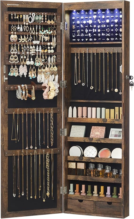 SONGMICS 6 LEDs Mirror Jewelry Cabinet, 47.2-Inch Tall, Lockable