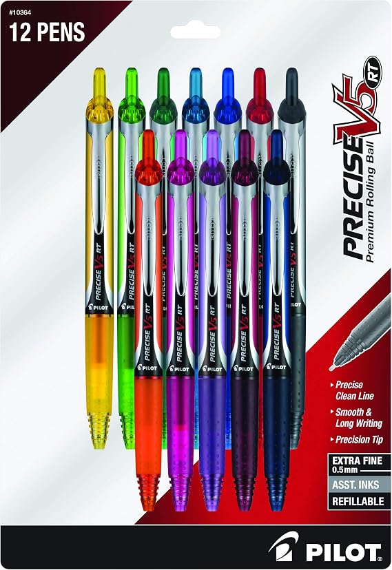 PILOT Precise V5 RT Rolling Ball Pens, 0.5 mm, Assorted, Pack of 12